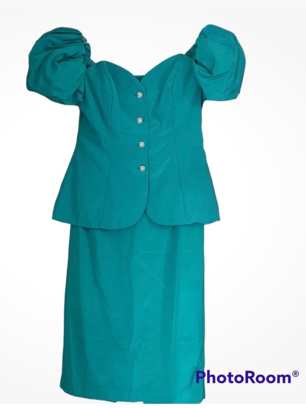 Teal Puff-Sleeve Two-Piece Dress Set - Women's Elegant Teal Dress 80’s vintage